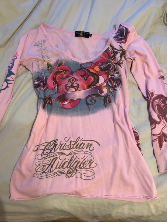 Christian Audigier Tops - Christian Audigier Pink Long Sleeve Graphic Heart Tee
